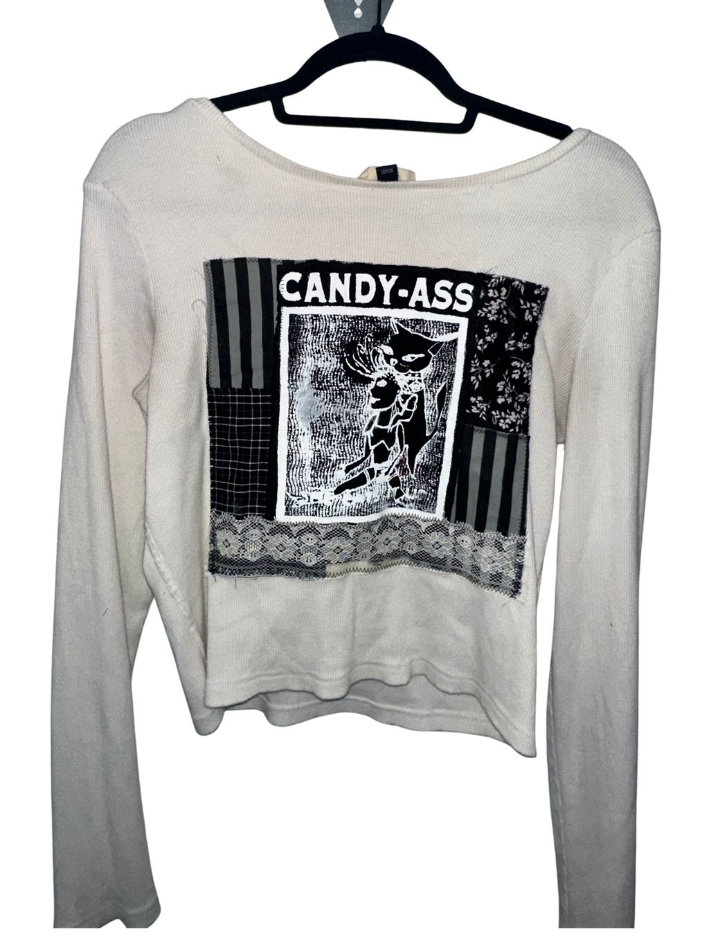 (L) White Collaged “Candy Ass” Long Sleeve