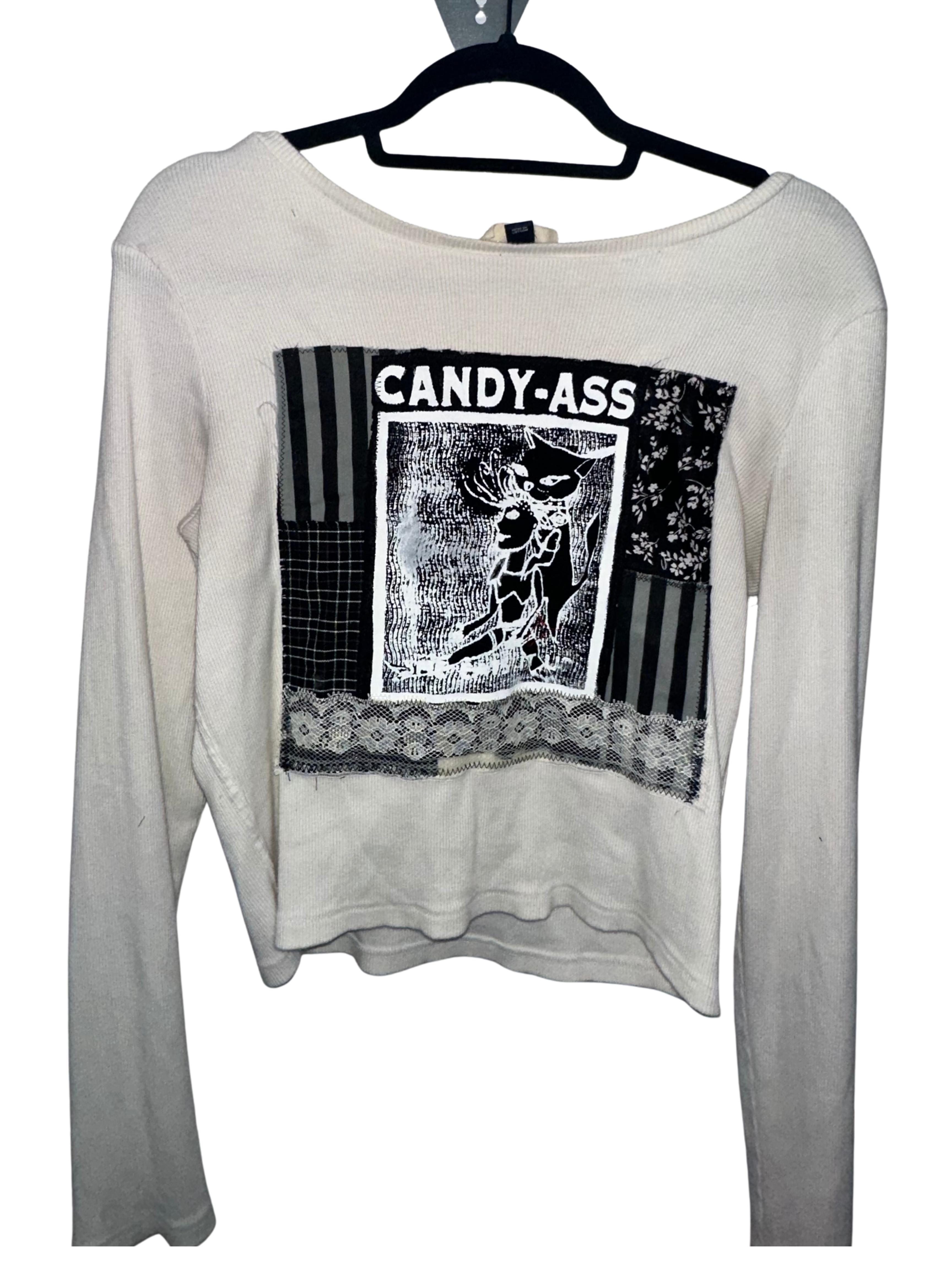 (L) White Collaged “Candy Ass” Long Sleeve